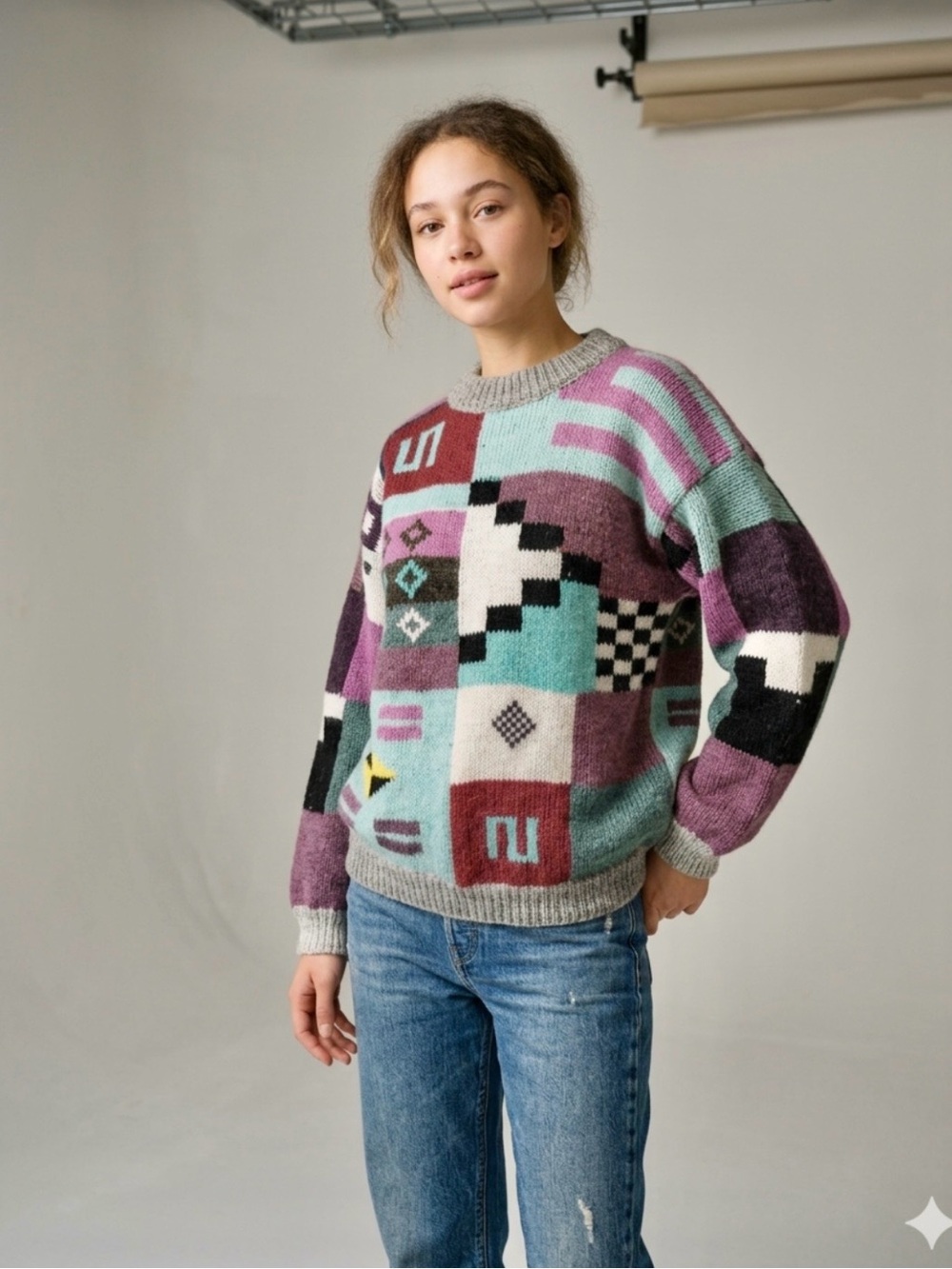 💎RARE VTG HAND KNIT Artisanal Peruvian Multicolor Alpaca Sweater - M